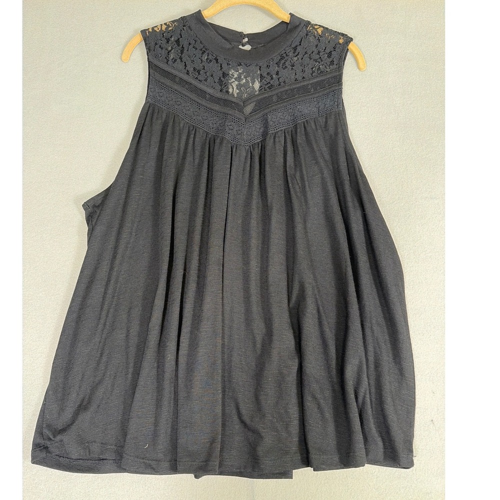 Massini Womens 2X Black Lace Yoke Mock Neck Sleeveless Flowy Top Slub Knit 0694
